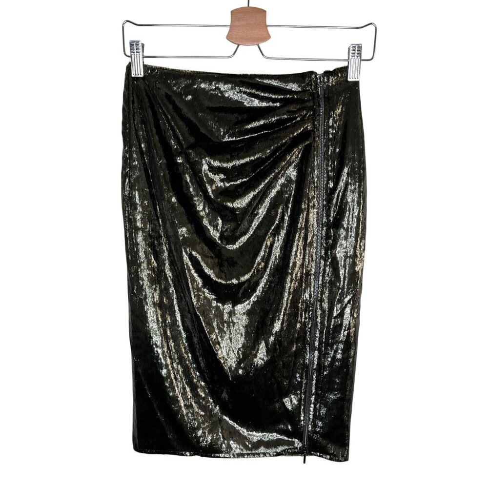 Reiss Leena Metallic Olive Tensile Mini Side Zip Holiday Skirt Size 0
